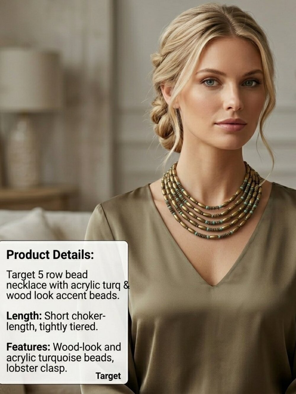 Target 5 row bead necklace with acrylic turq & wood look accent beads